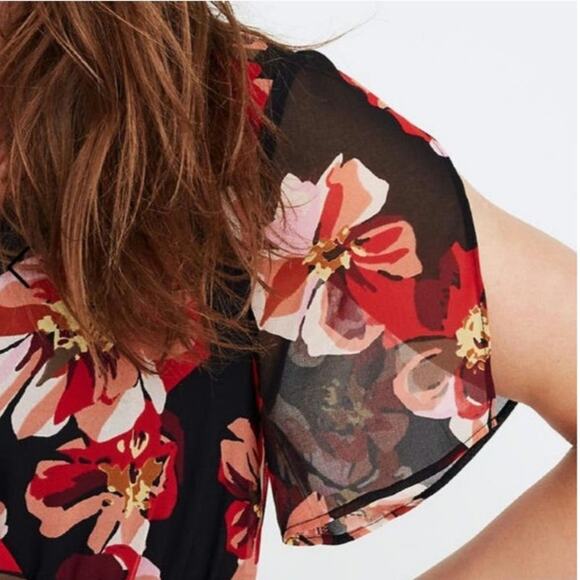 Madewell Black Red Floral Mini Dress V Neck Short Sleeve Fit and Flare Chic 4 - Picture 4 of 16